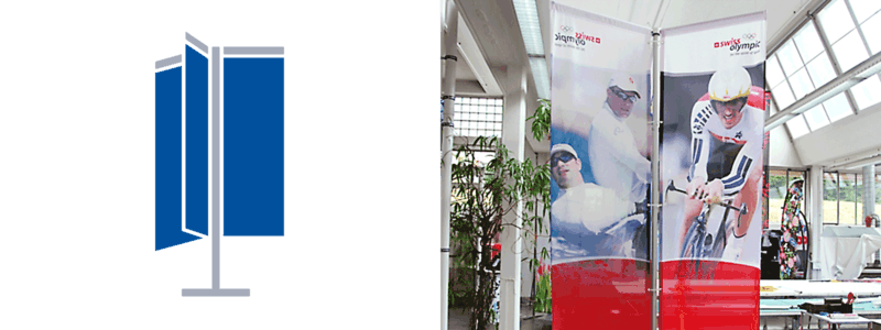 Präsentieren Sie Ihre individuelle Werbebotschaft in alle Himmelsrichtungen. Triflag für mobile & längere Einsätze. V.a. für Messen, Garagen & Autohändler.