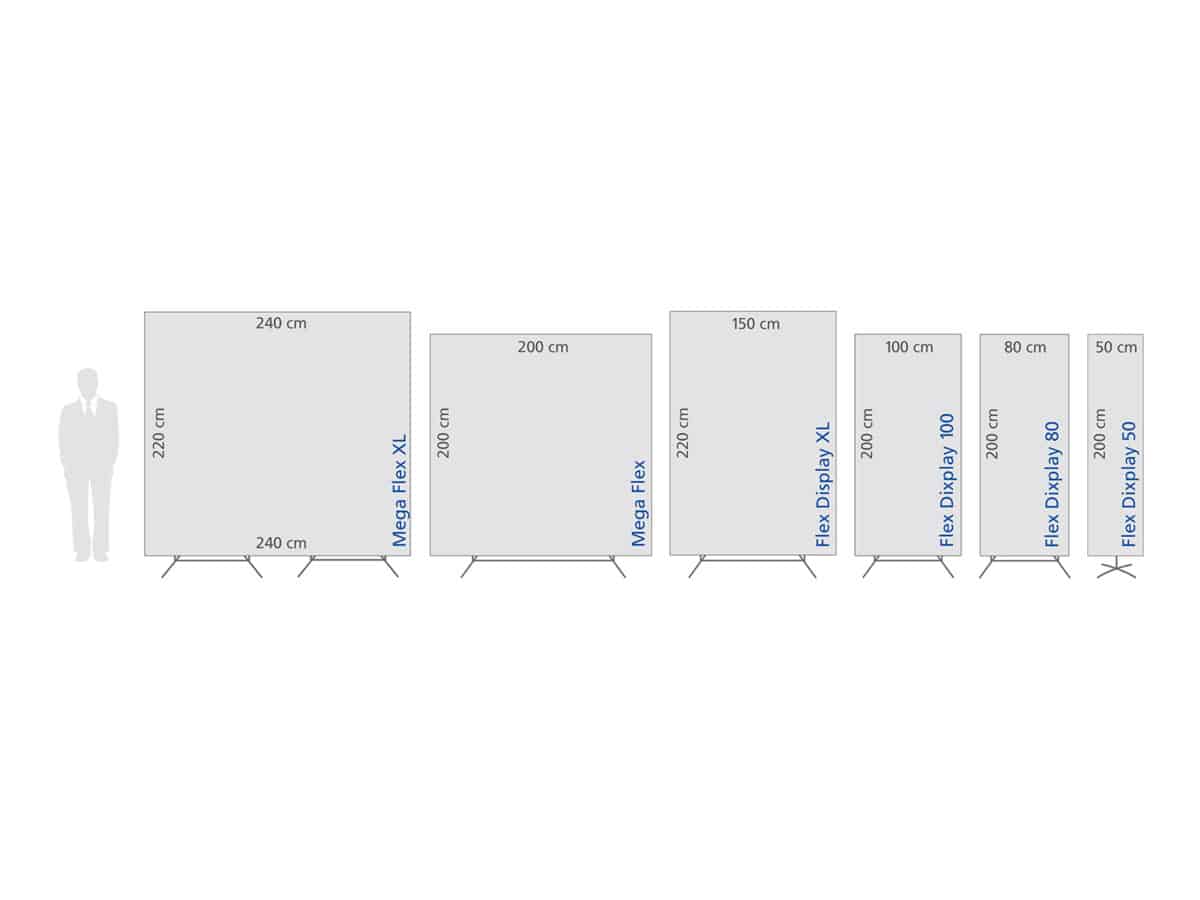 Flex Display als formschöner & flexibler Werbeträger. Individuell bedruckbarer Stoff. System ist leicht, schnell montiert und praktisch transportierbar.